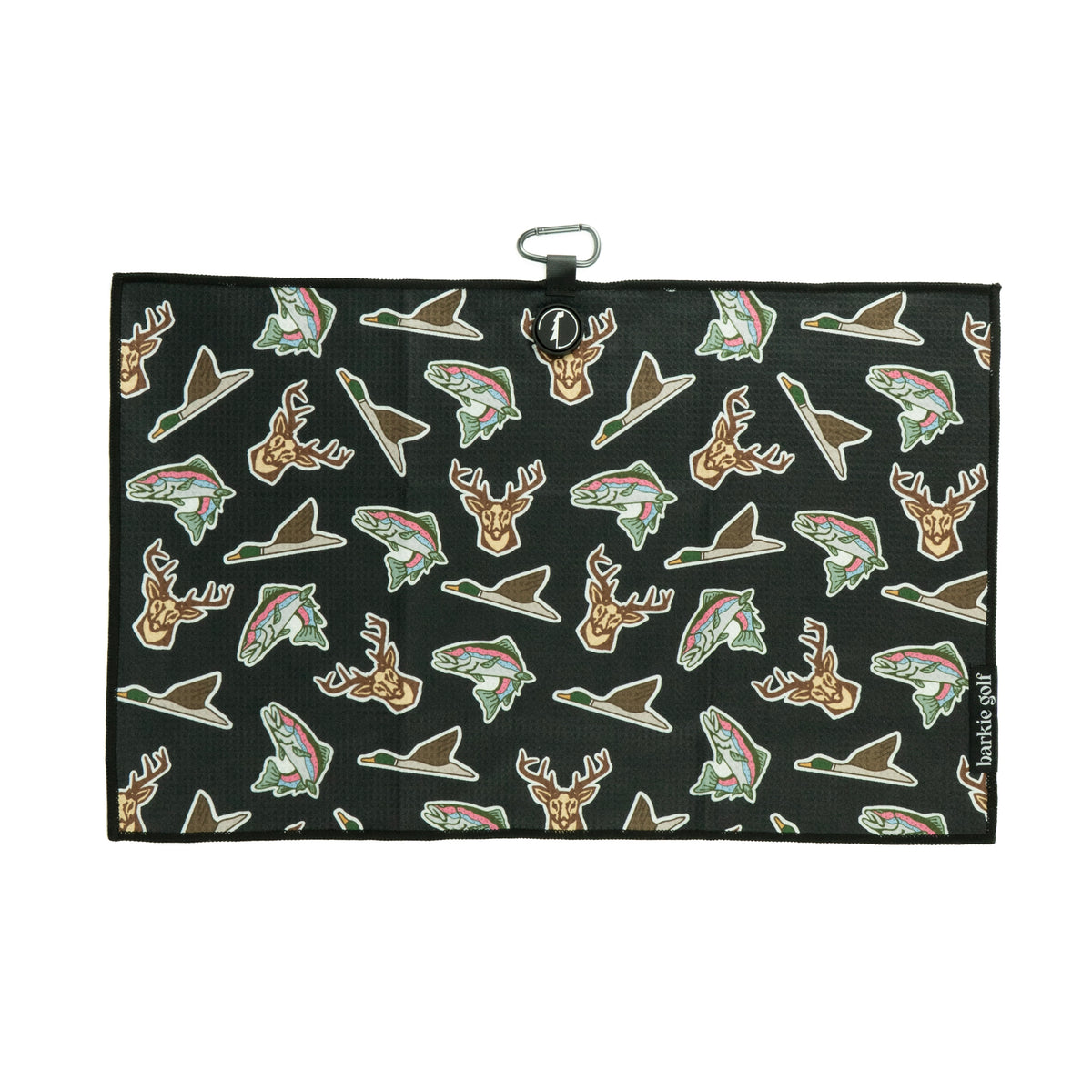 black Magnet Golf towel with duck, buck and trout allover designs