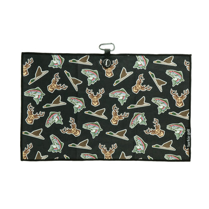 black Magnet Golf towel with duck, buck and trout allover designs