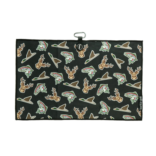 black Magnet Golf towel with duck, buck and trout allover designs