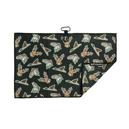 black Magnet Golf towel with duck, buck and trout allover designs