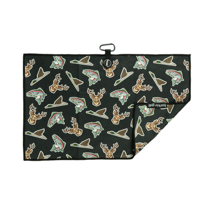 Sportsman golf towel in black with allover duck, buck and trout print, photo 2 | Black