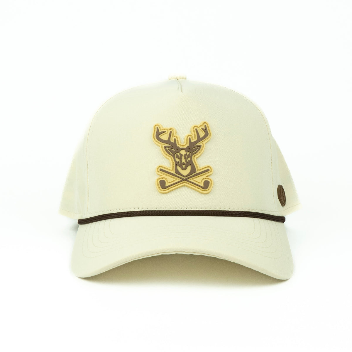Cream cap with a rubber deer and antler golf logo 