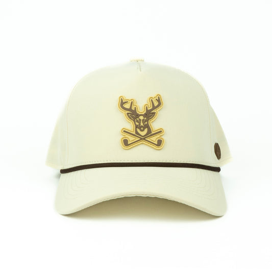 Cream cap with a rubber deer and antler golf logo 