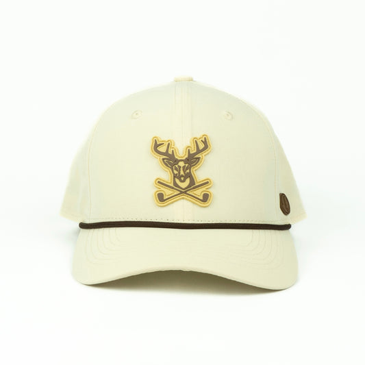 Cream cap with a rubber deer and antler golf logo 