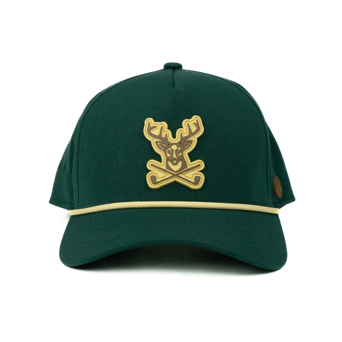 Green cap with a rubber deer and antler golf logo 