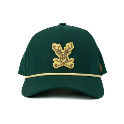 Green cap with a rubber deer and antler golf logo 