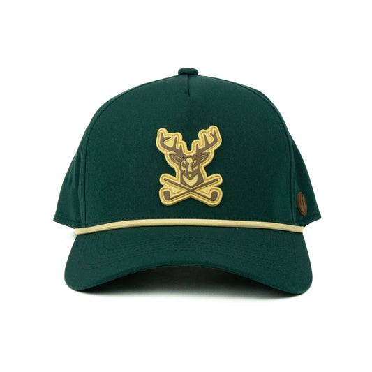 Green cap with a rubber deer and antler golf logo 