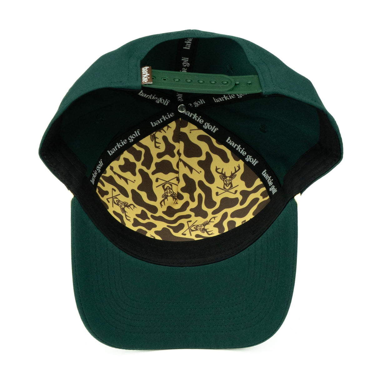 Green cap with brown and gold camo inner pattern on a white background