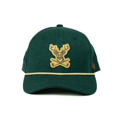 Green cap with a rubber deer and antler golf logo 