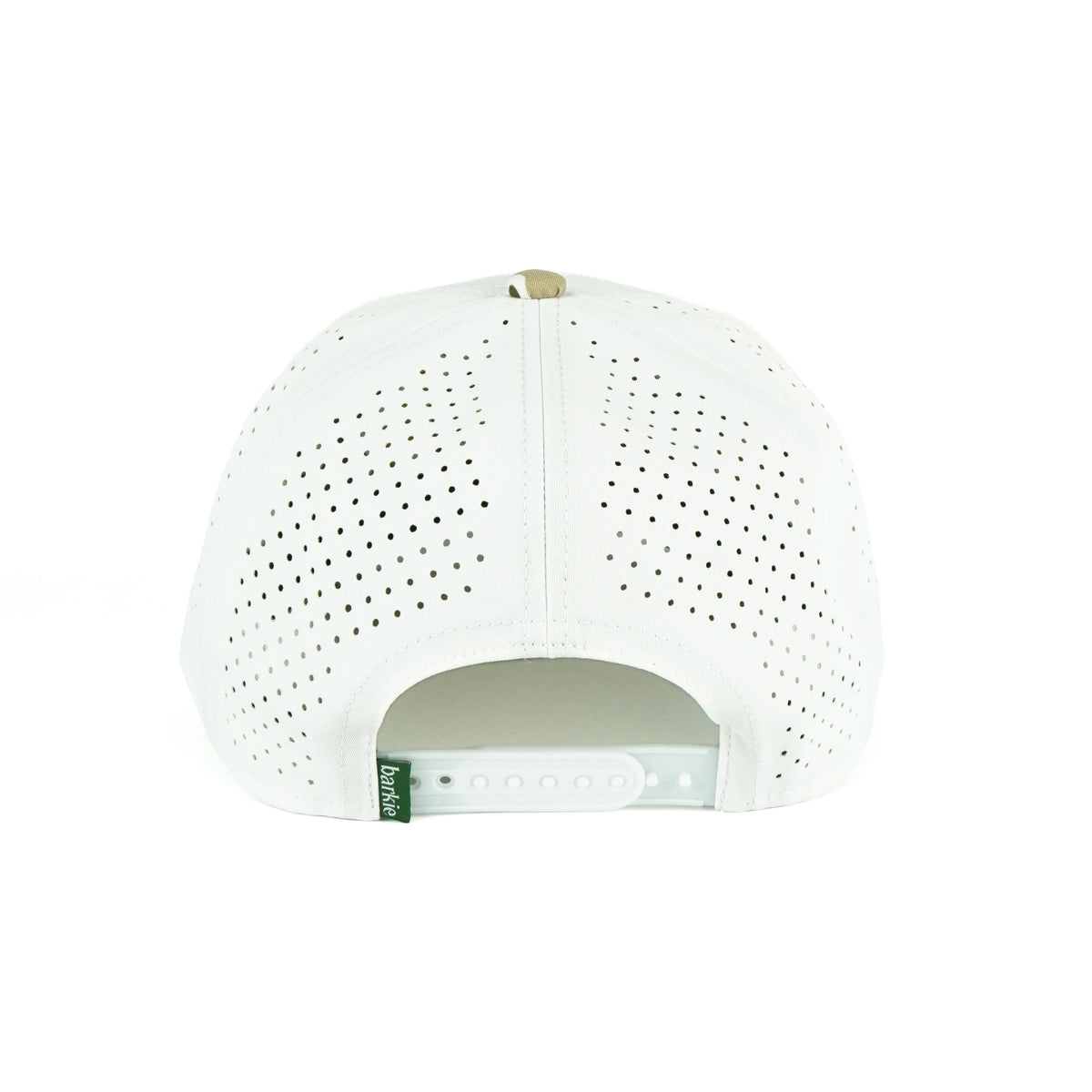 Duck rope hat in white with camo bill, 5-panel, back view | White/Camo / 5 Panel