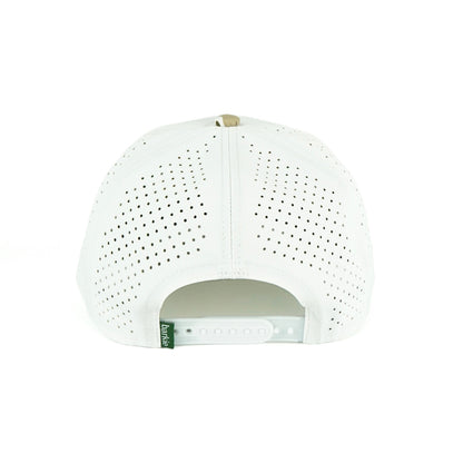 Duck rope hat in white with camo bill, 5-panel, back view | White/Camo / 5 Panel
