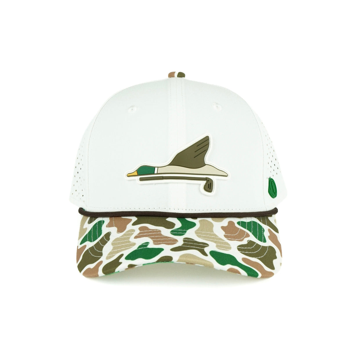 Duck rope hat in white with camo bill, 6-panel, front view | White/Camo / 6 Panel