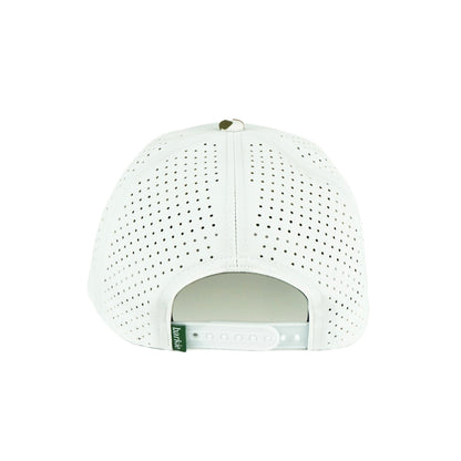 Duck rope hat in white with camo bill, 6-panel, back view | White/Camo / 6 Panel