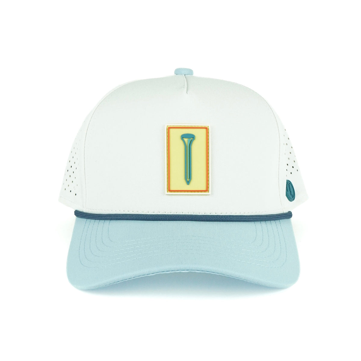 Tee Box rope hat in white with powder blue bill, 5-panel, front view | White/Powder Blue / 5 Panel