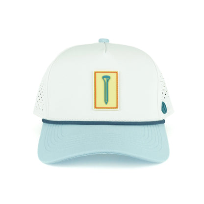 Tee Box rope hat in white with powder blue bill, 5-panel, front view | White/Powder Blue / 5 Panel