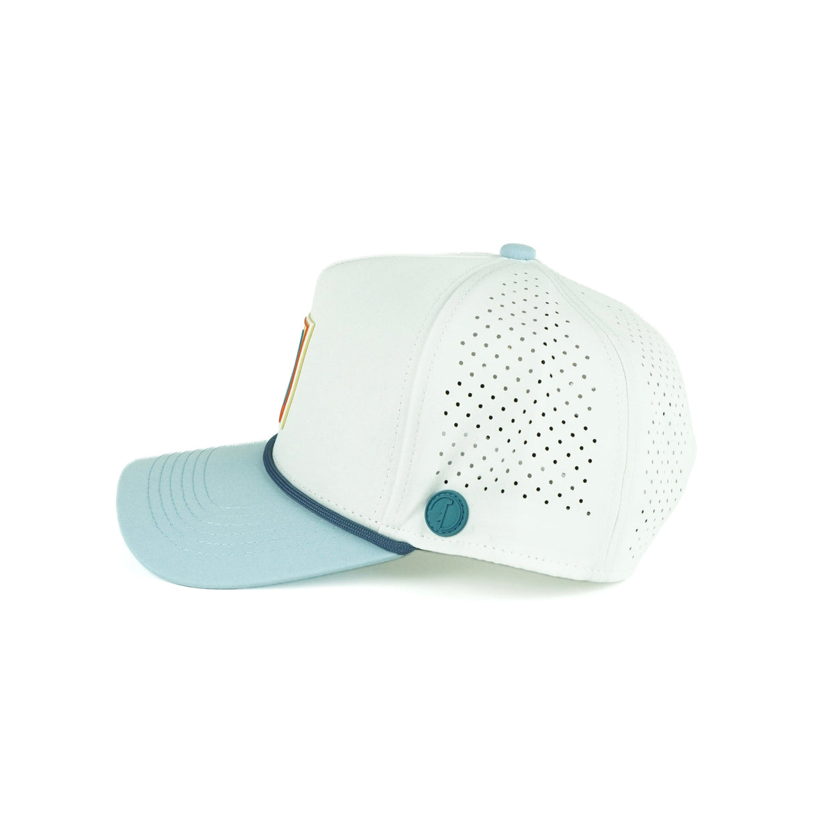 Tee Box rope hat in white with powder blue bill, 5-panel, side view | White/Powder Blue / 5 Panel