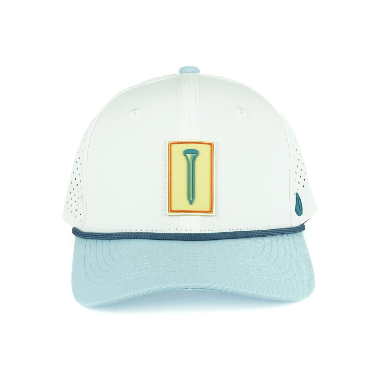 Tee Box rope hat in white with powder blue bill, 6-panel, front view | White/Powder Blue / 6 Panel