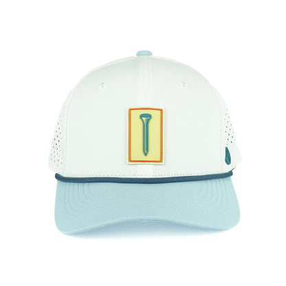 Tee Box rope hat in white with powder blue bill, 6-panel, front view | White/Powder Blue / 6 Panel
