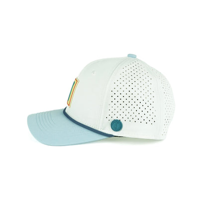 Tee Box rope hat in white with powder blue bill, 6-panel, side view | White/Powder Blue / 6 Panel