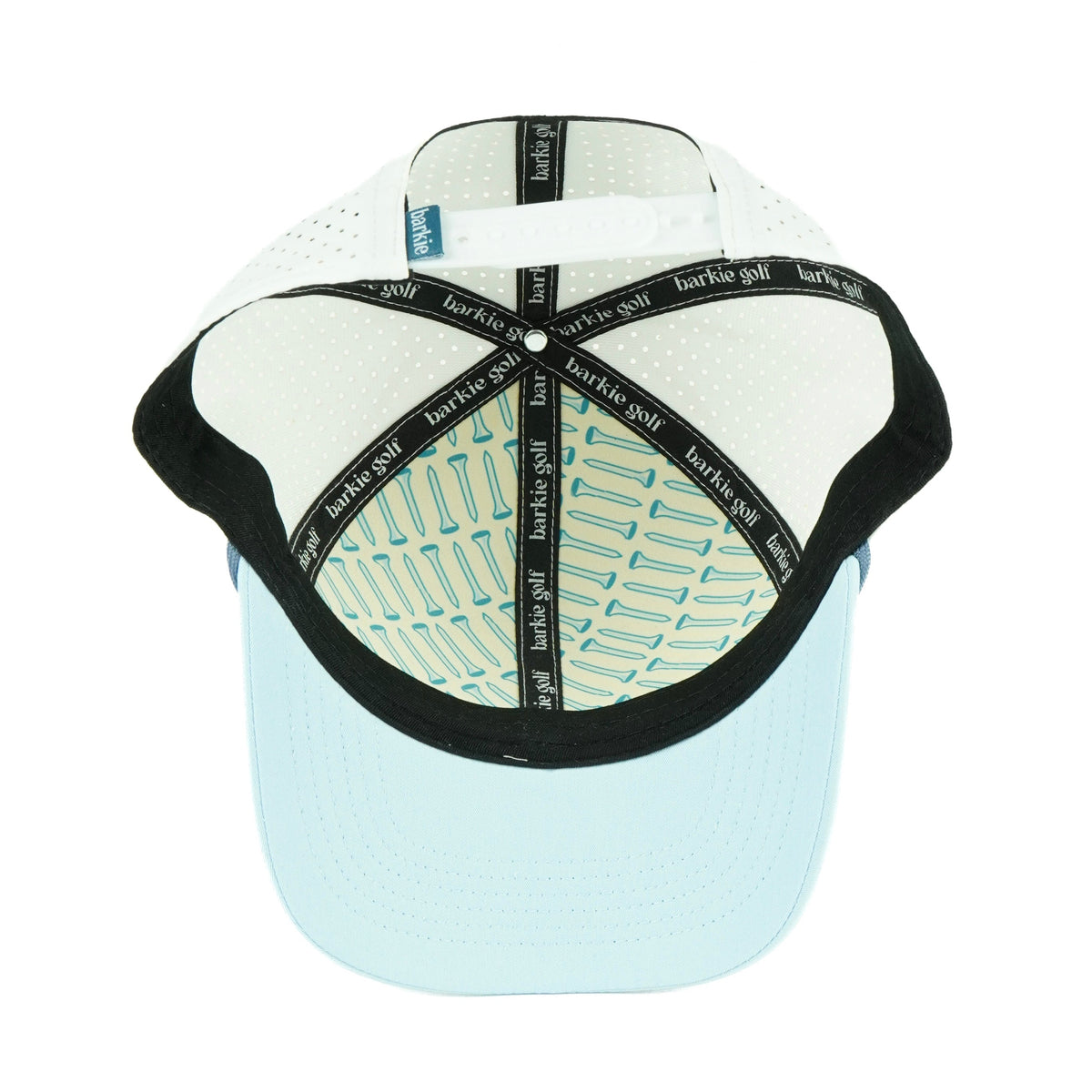 Tee Box rope hat in white with powder blue bill, 6-panel, inside view | White/Powder Blue / 6 Panel