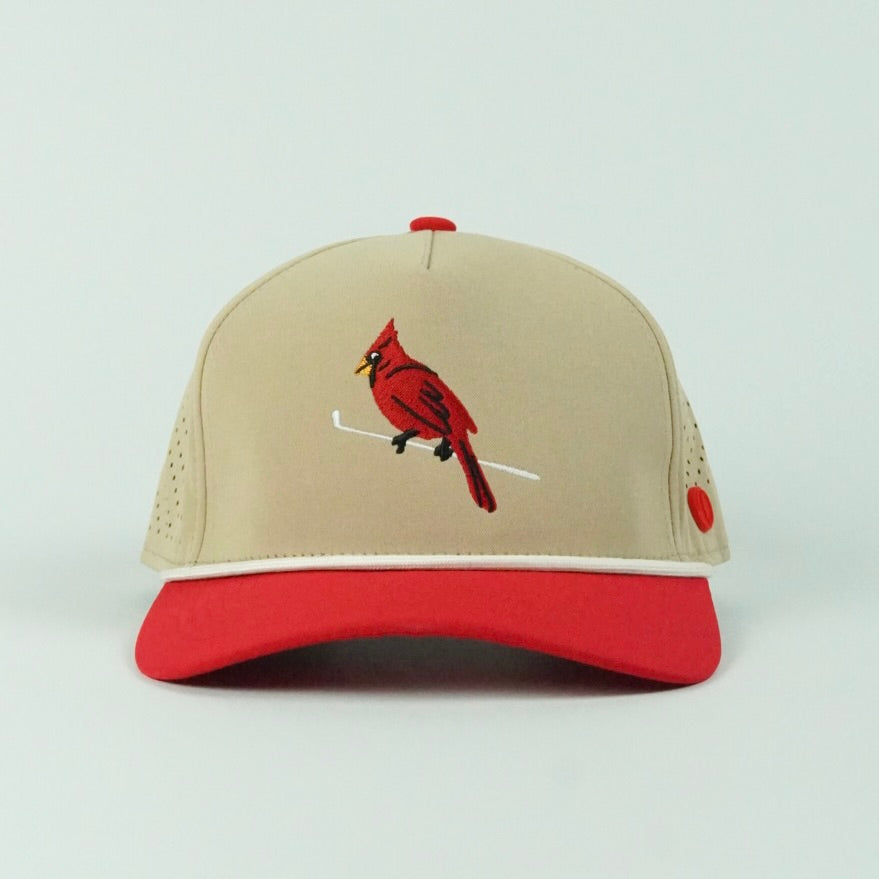 Birdie rope hat in tan and red, 5-panel, front view | Tan/Red / 5 Panel