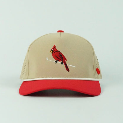 Birdie rope hat in tan and red, 5-panel, front view | Tan/Red / 5 Panel