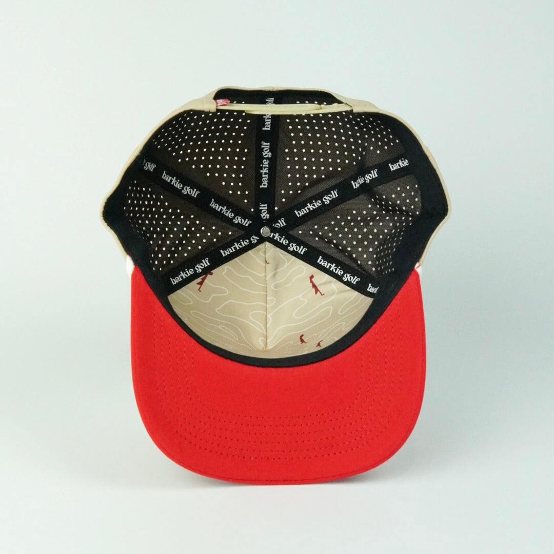 Birdie rope hat in tan and red, 5-panel, inside view | Tan/Red / 5 Panel