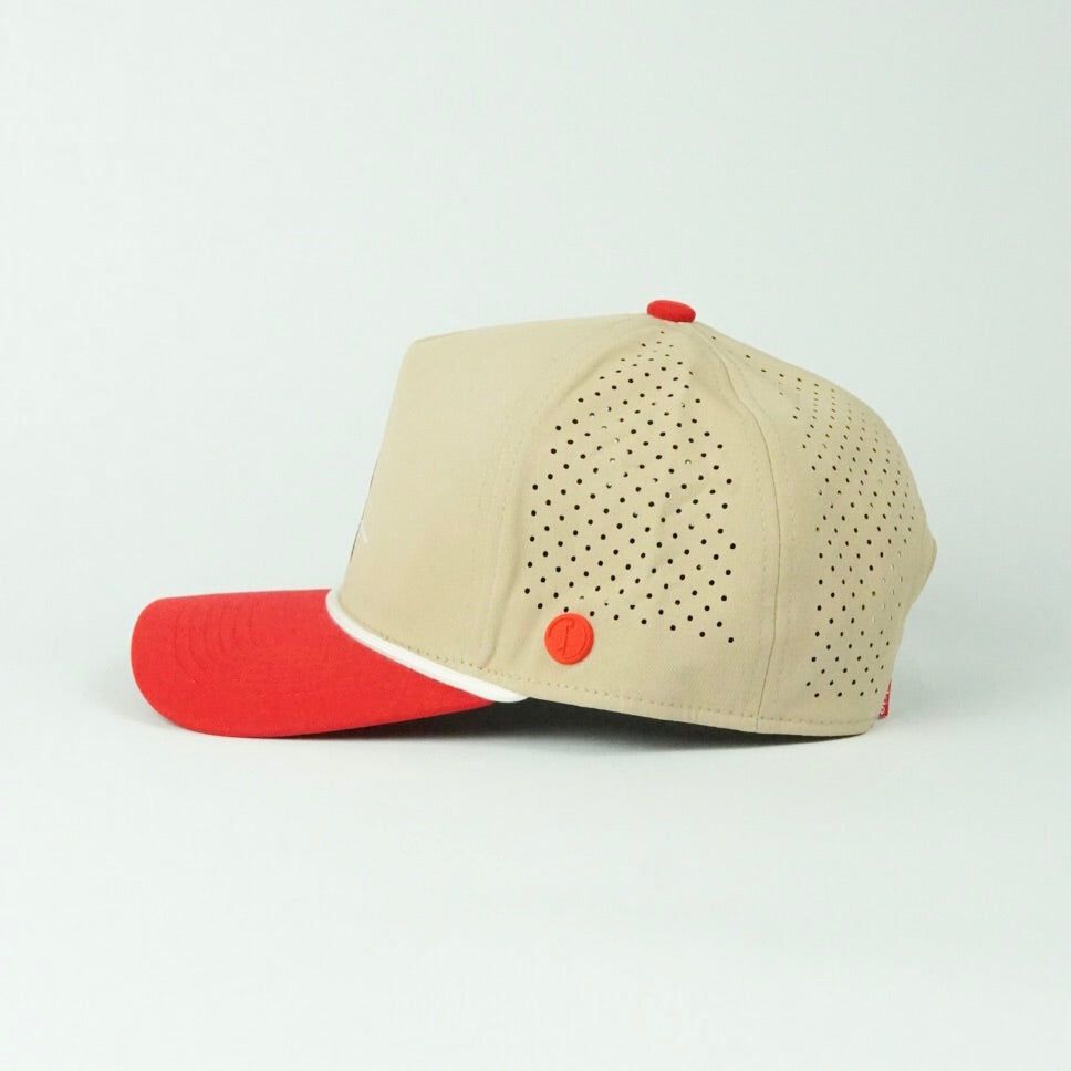 Birdie rope hat in tan and red, 5-panel, side view | Tan/Red / 5 Panel