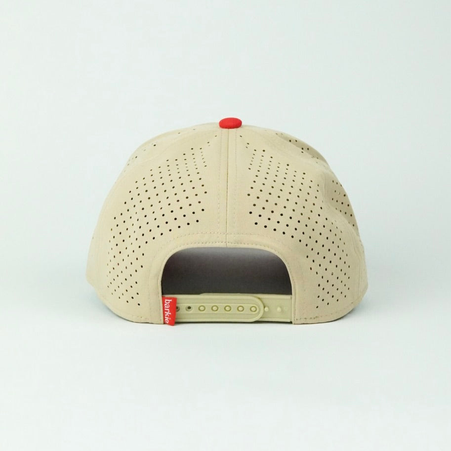 Birdie rope hat in tan and red, 5-panel, back view | Tan/Red / 5 Panel