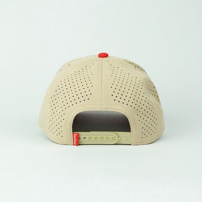 Birdie rope hat in tan and red, 5-panel, back view | Tan/Red / 5 Panel