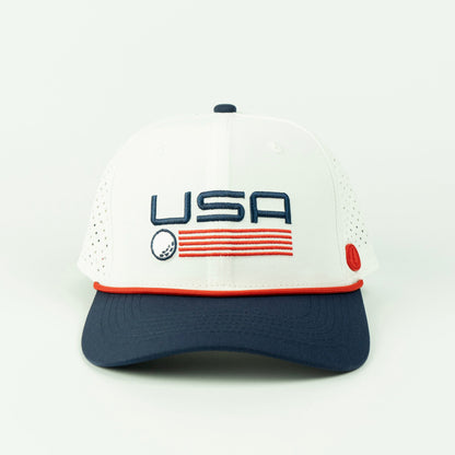 USA rope hat in white and navy, 6-panel, front view | 6 Panel