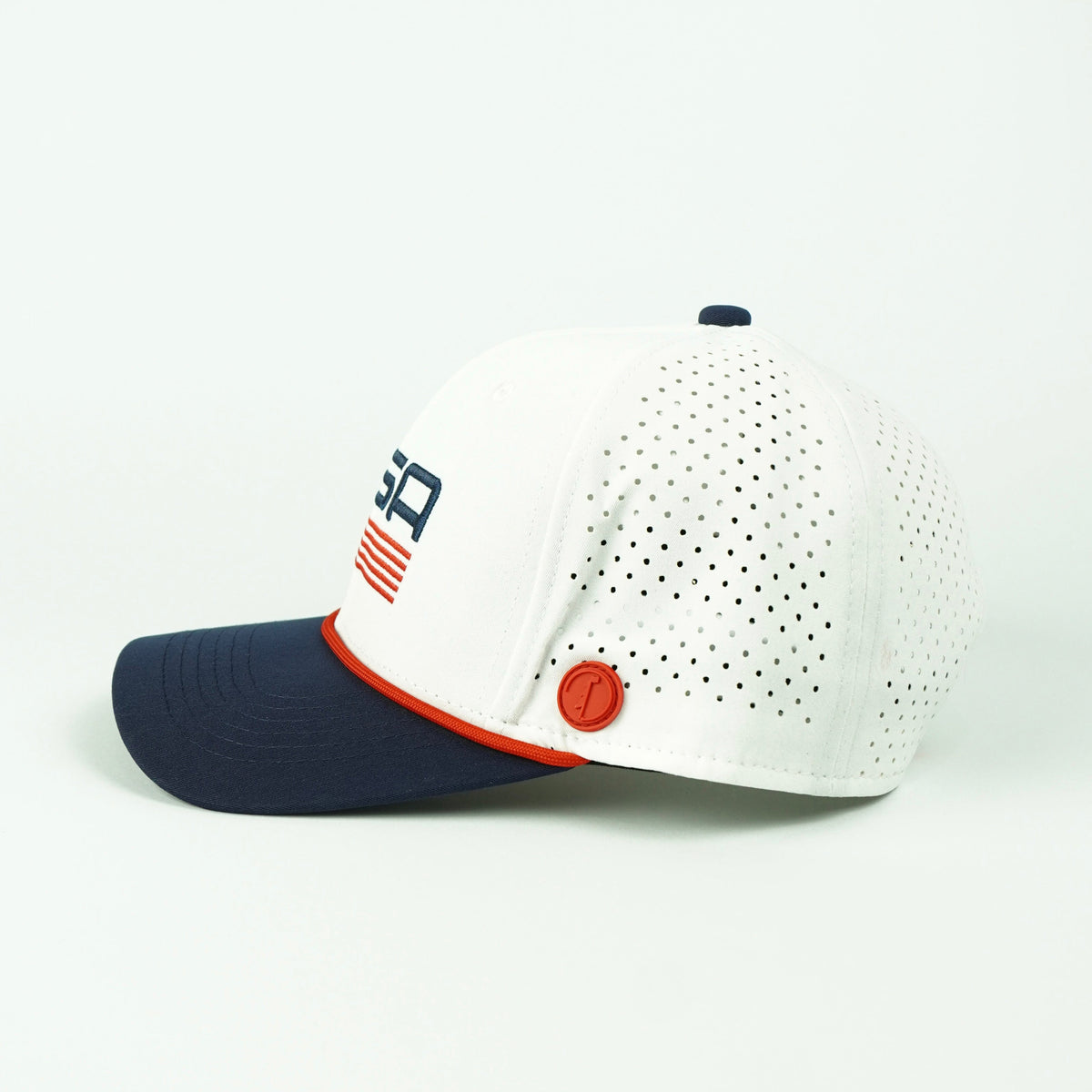 USA rope hat in white and navy, 6-panel, side view | 6 Panel