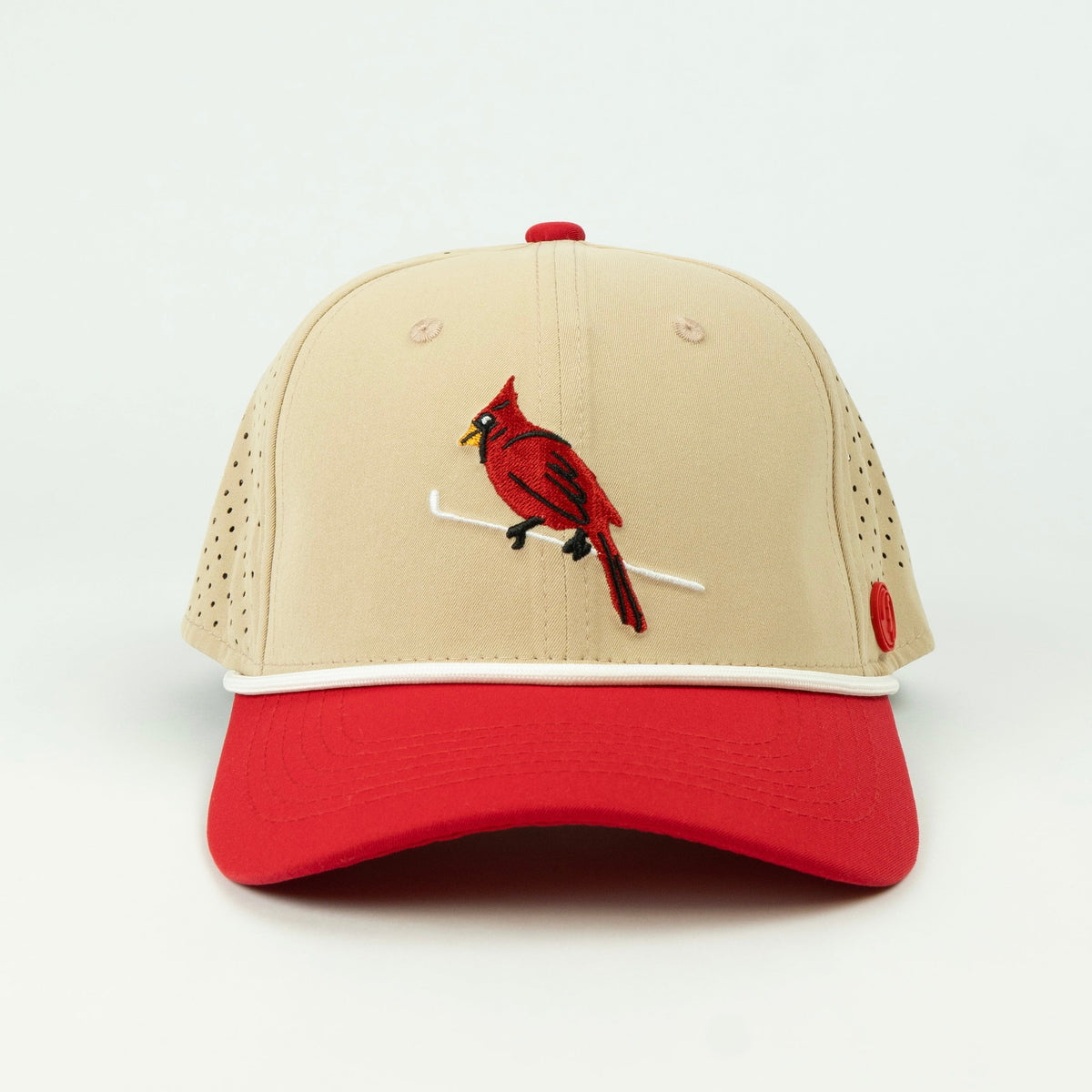 Birdie rope hat in tan and red, 6-panel, front view | Tan/Red / 6 Panel