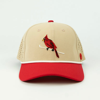 Birdie rope hat in tan and red, 6-panel, front view | Tan/Red / 6 Panel