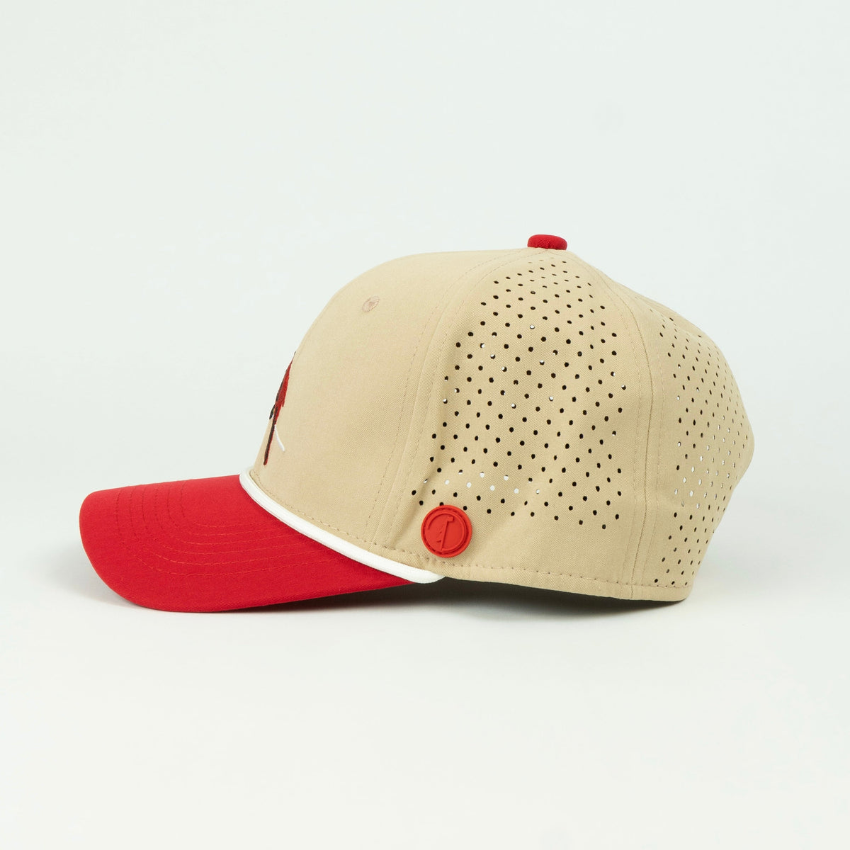 Birdie rope hat in tan and red, 6-panel, side view | Tan/Red / 6 Panel
