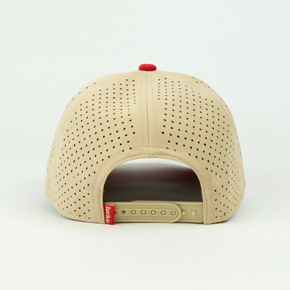 Birdie rope hat in tan and red, 6-panel, back view | Tan/Red / 6 Panel