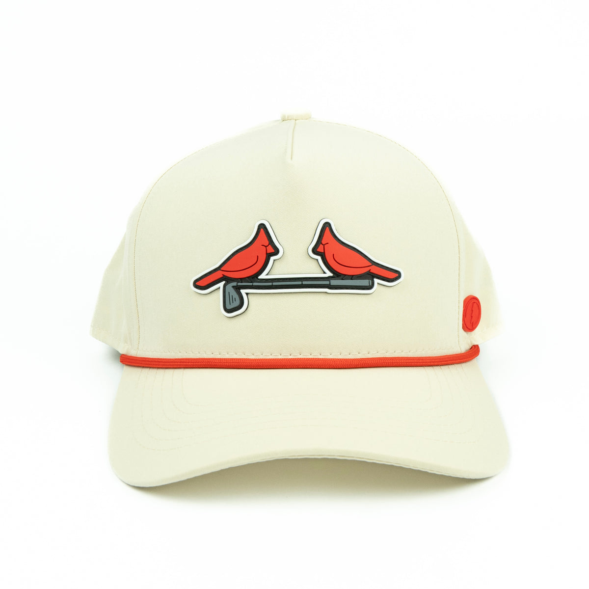 Beige cap with red accents and cardinal bird design on a white background