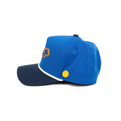 Trumpet rope hat in blue and navy, 5-panel, side view | Blue/Navy / 5 Panel