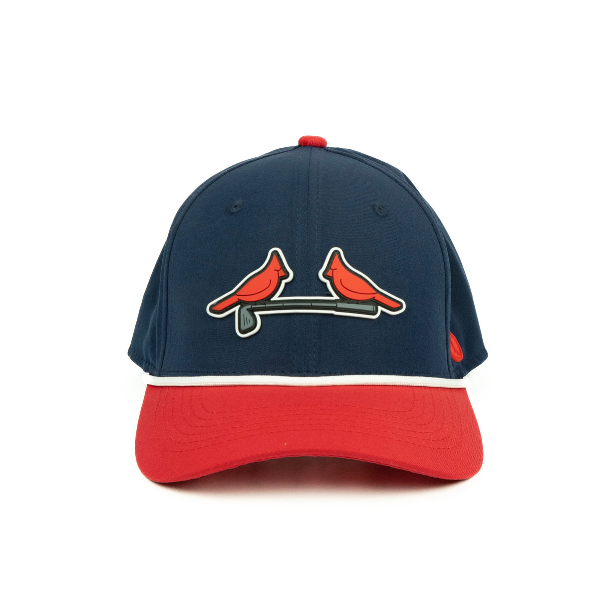 Navy and red baseball cap with cardinal bird design on golf club