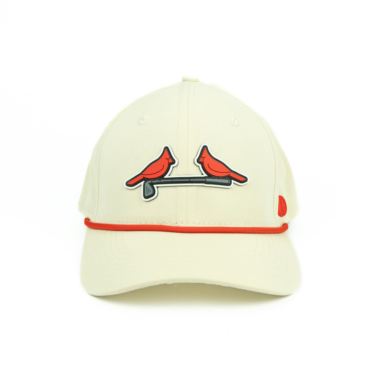 Cream hat with red and cardinal bird design on a golf club