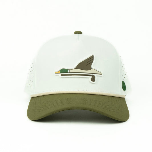 Two-tone cap with a rubber duck logo on a white background