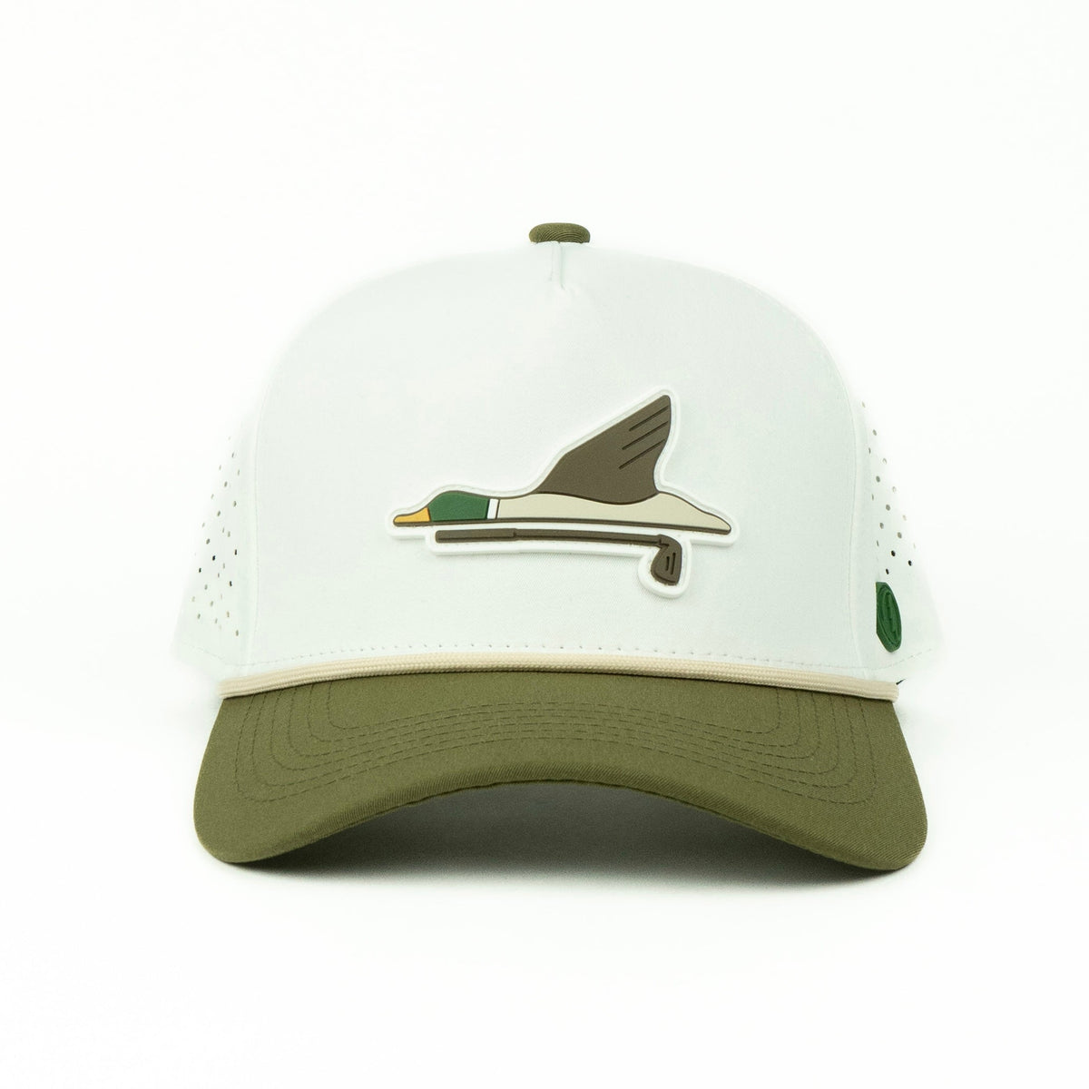 Duck rope hat in white and olive, 5-panel, front view | White/Olive / 5 Panel
