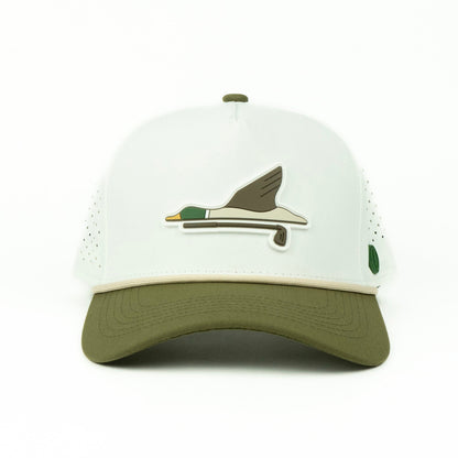 Duck rope hat in white and olive, 5-panel, front view | White/Olive / 5 Panel