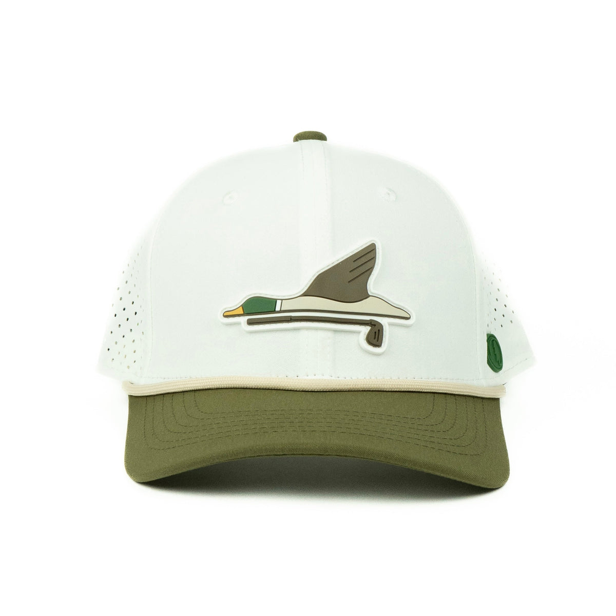 Duck rope hat in white and olive, 6-panel, front view | White/Olive / 6 Panel
