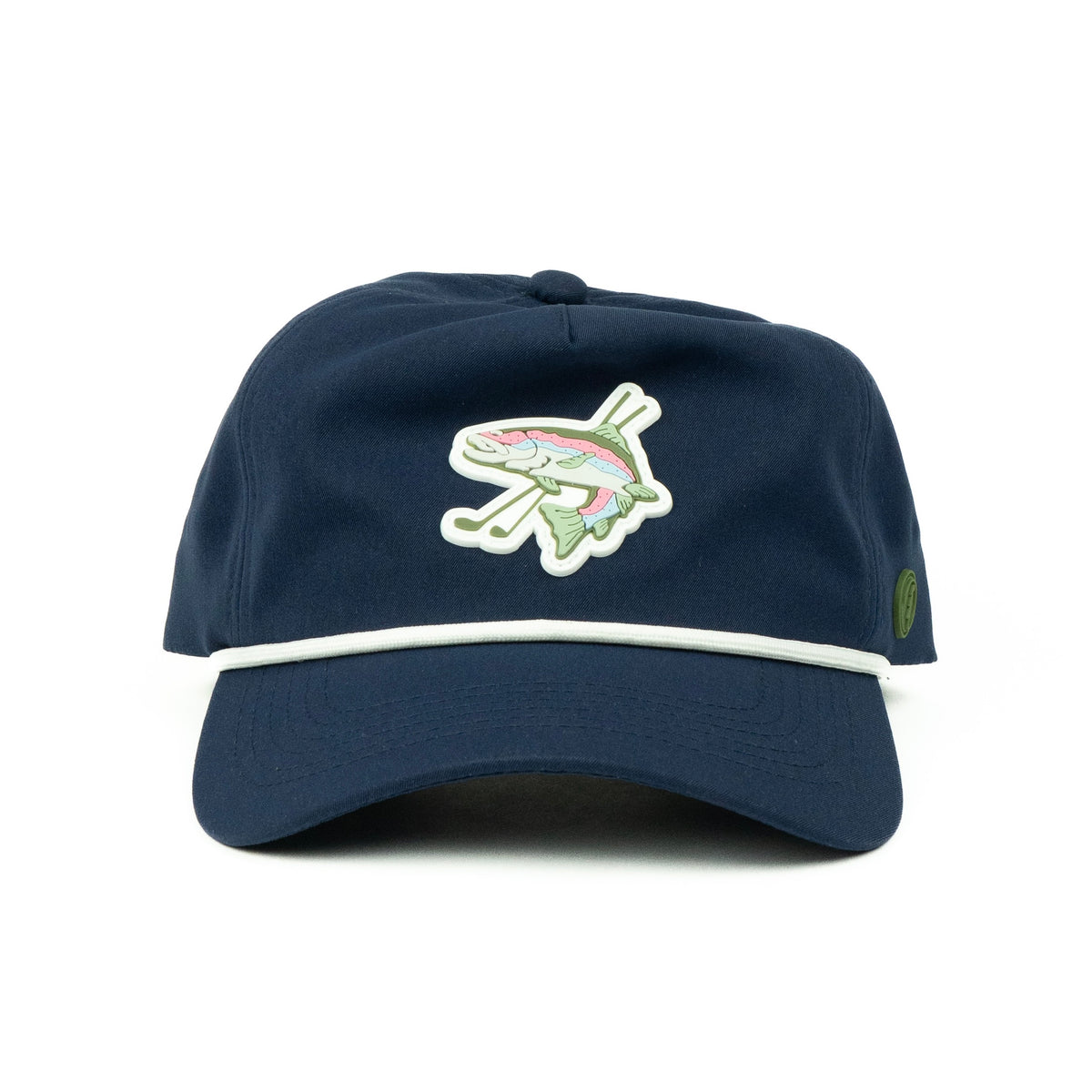 Navy hat with a rubber trout golf logo and white rope