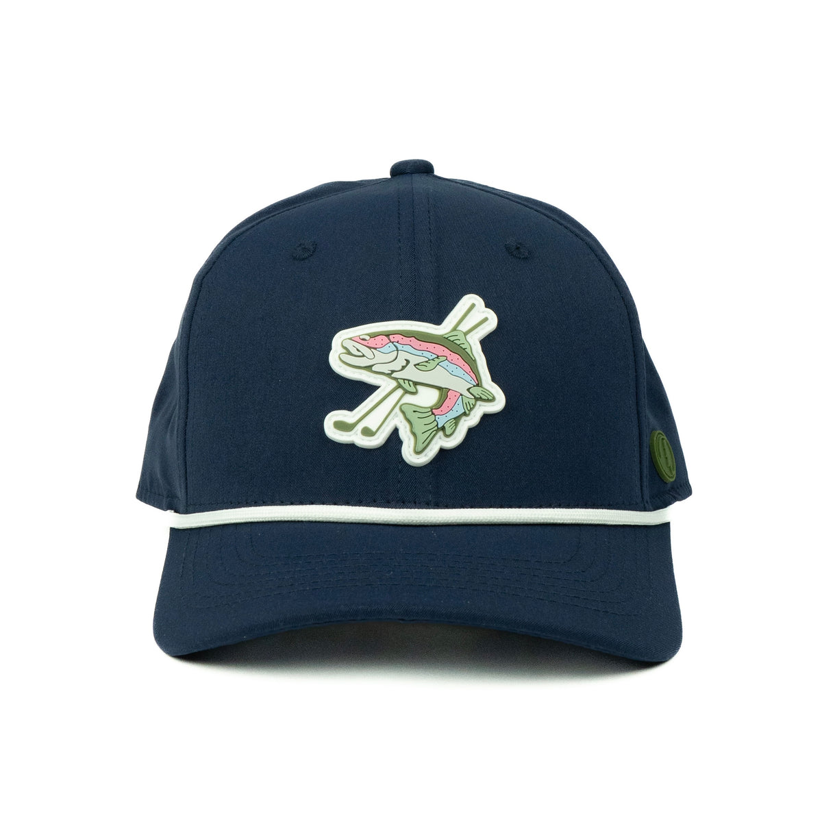 Navy hat with a rubber trout golf logo and white rope