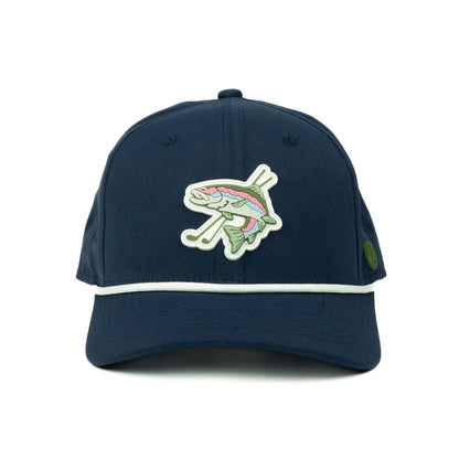 Navy hat with a rubber trout golf logo and white rope