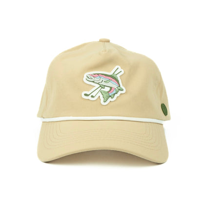 Trout rope hat in tan, 5-panel unstructured, front view | Tan / 5 Panel Unstructured