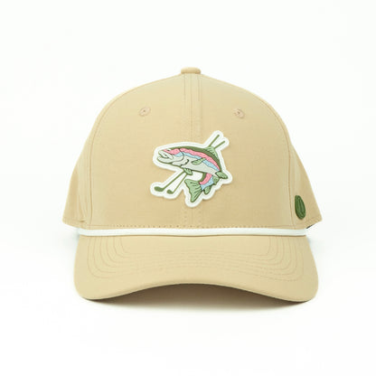 Tan hat with a rubber trout golf logo and white rope